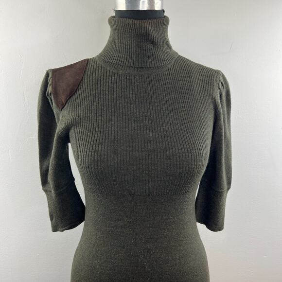 RUGBY Ralph Lauren Green Sweater Dress Suede Merino Wool Turtle Neck Sz Small S - Picture 3 of 9